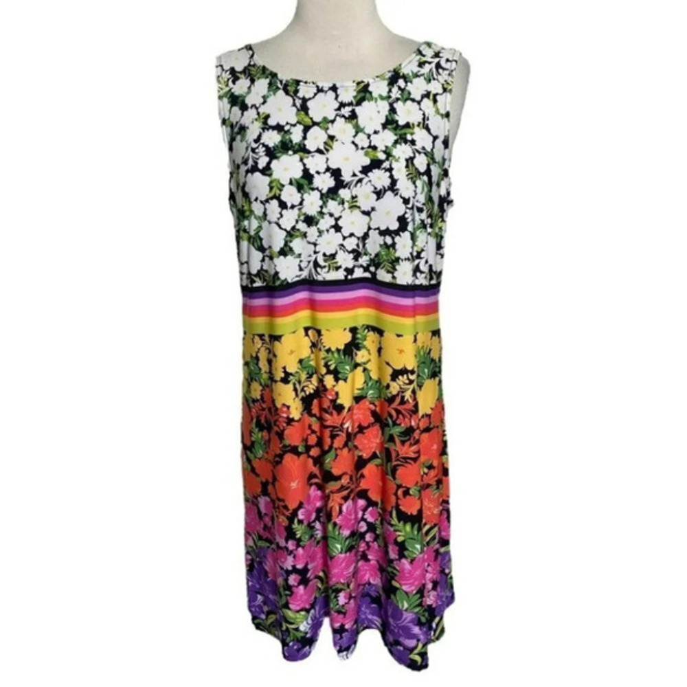 MSK Dress M Multicolor Floral Sleeveless Rainbow Stripe Sheath Knit Knee‎ Length